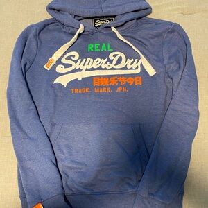 Superdry Blue Hoodie with White and Orange Accents
